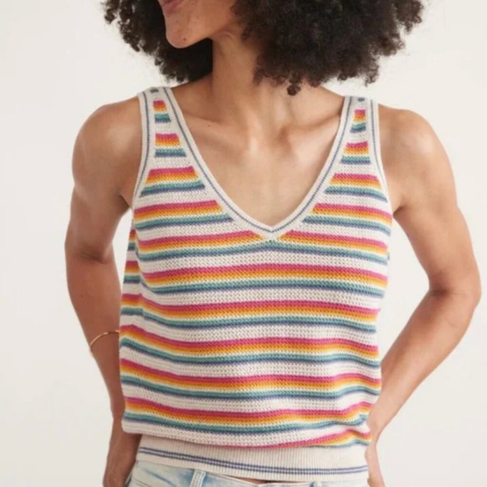 MARINE LAYER Finley Sweater Tank Rainbow Stripe V Neck Back Size Small